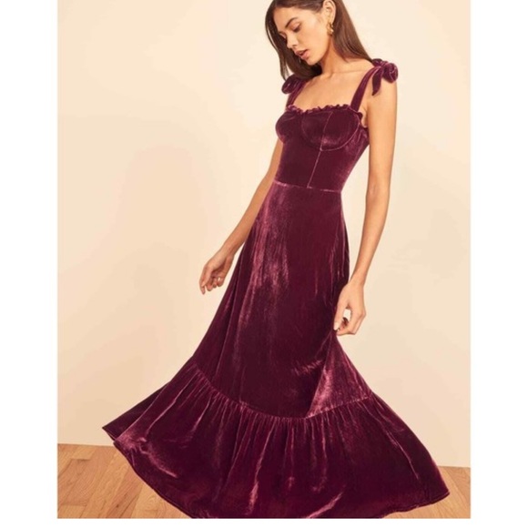 REFORMATION Plum Purple Antoinette Romantic Midi Velvet Ruffle Tie Dress 12 - Picture 5 of 5